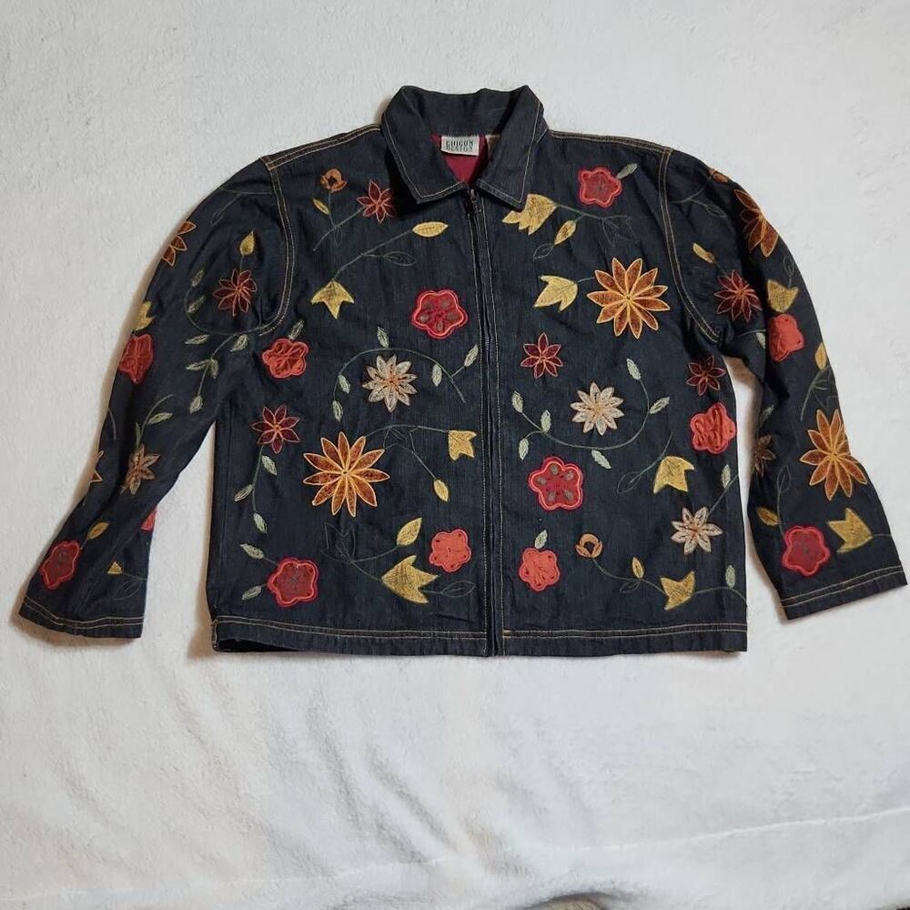 Chico's Design Womens Floral Embroidered Beaded Denim Zip Jacket Size 2 Silk